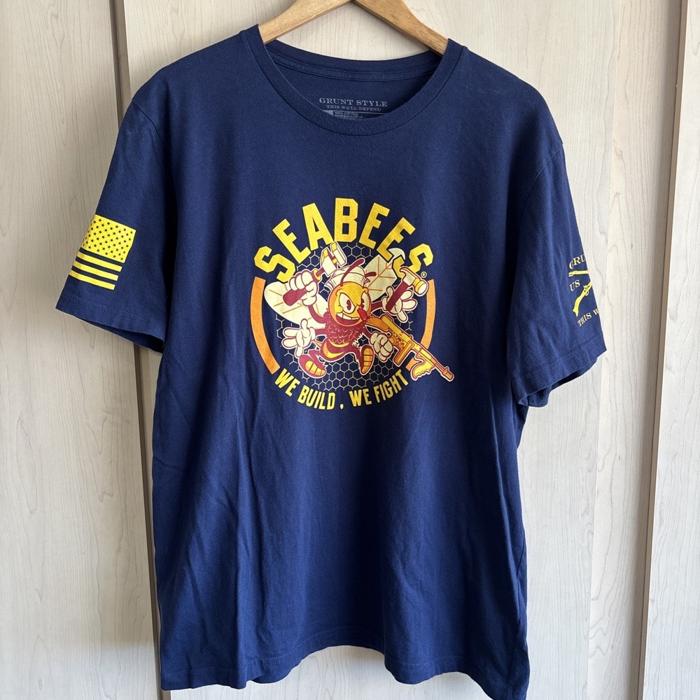 Grunt Style US Navy Seabees T-Shirt Mens XL "We Build, We Fight" Blue Yellow